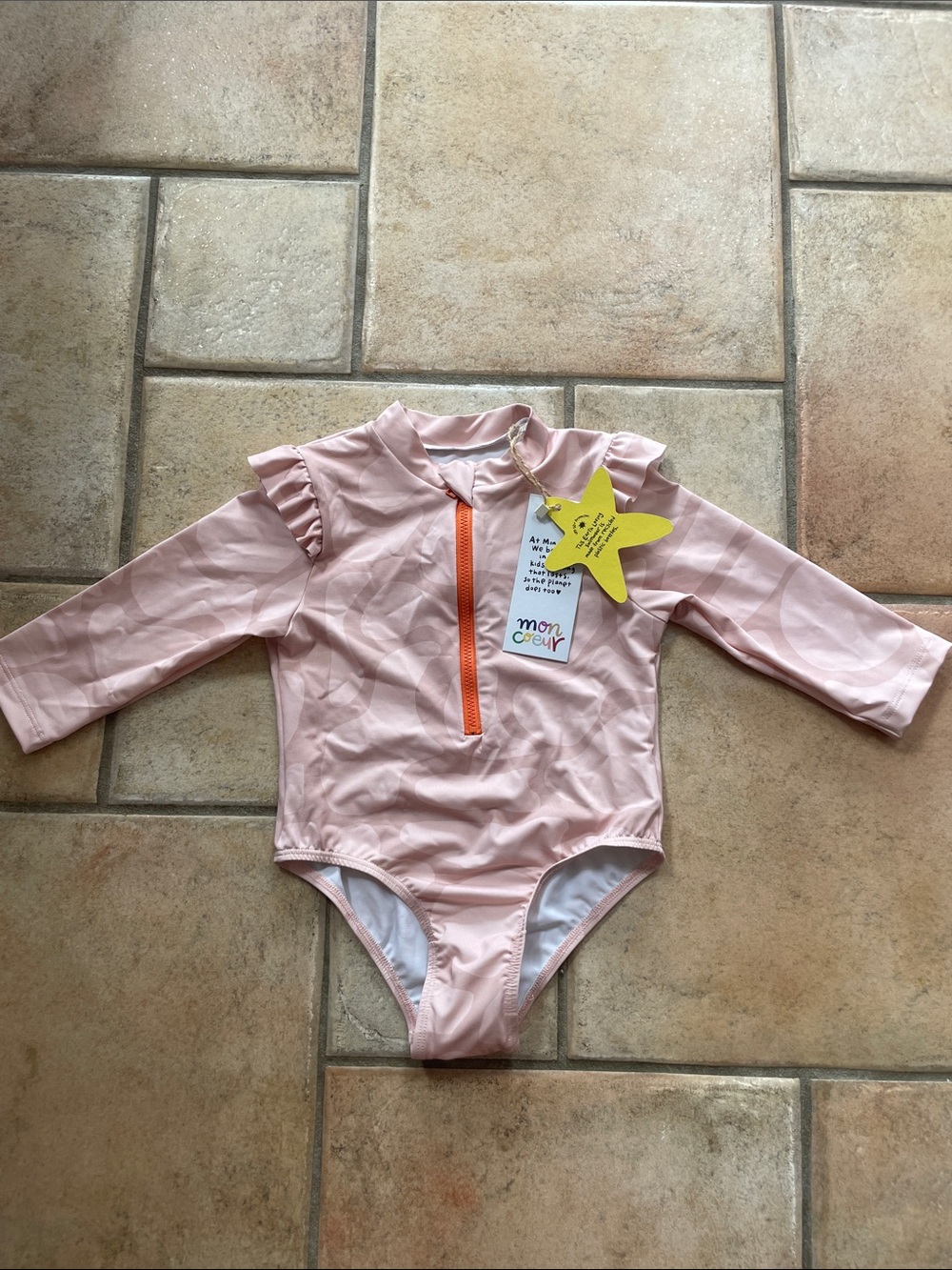 Girls' Long Sleeve Pink Swim Rashguard One-Piece with Orange Zip